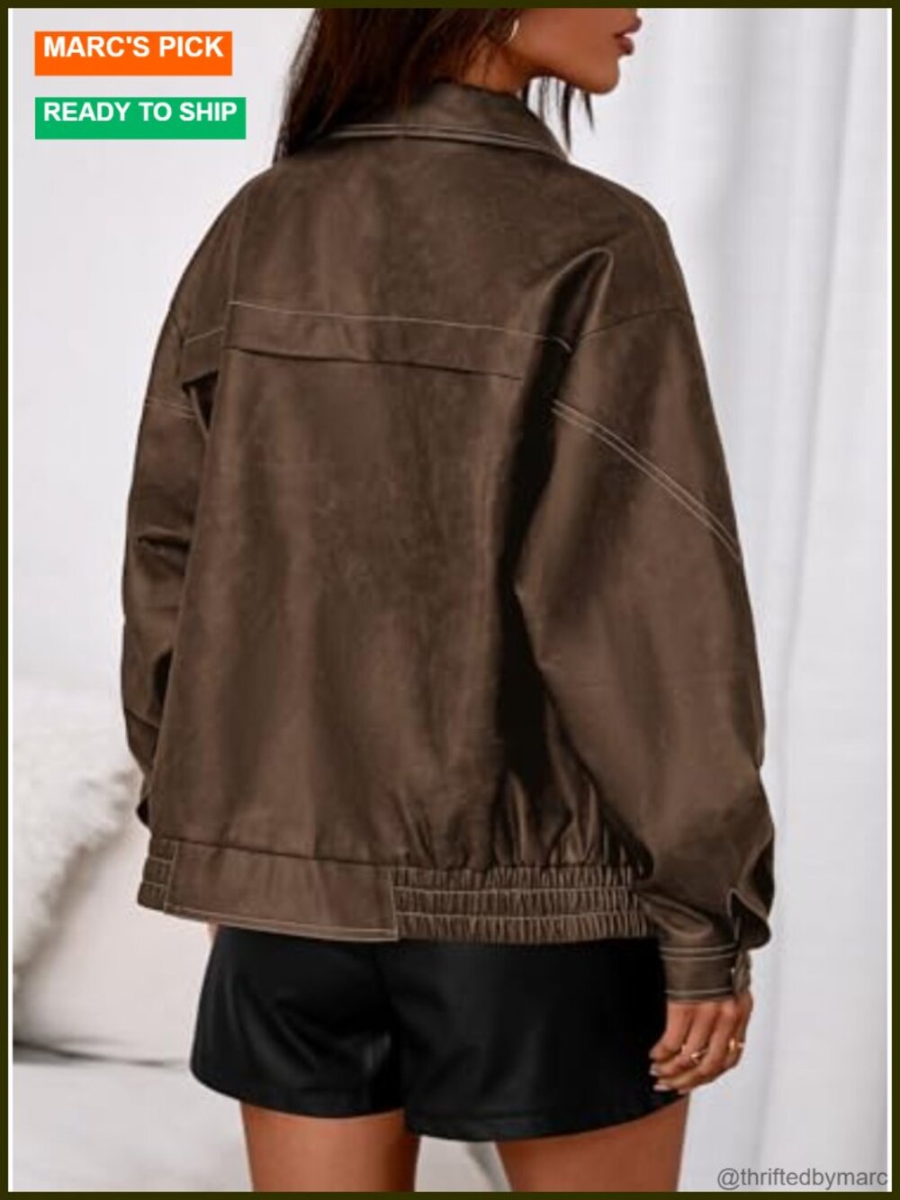 Faux Leather Motorcycle Bomber Jacket Women Oversized Zip Up Winter Coat - Picture 3 of 6